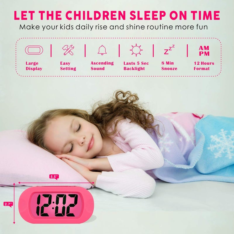 Plumeet Kids Alarm Clock Large Digital LCD Travel Alarm Clocks with Snooze and Night Light - Ascending Sound and Handheld Sized - Best Gift for Kids (Pink) - Image 2